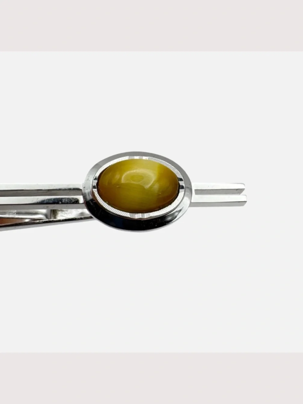 Vintage Yellow Cats Eye Cufflinks Tie Clip Set Silver Tone Japan Mens Formal Box